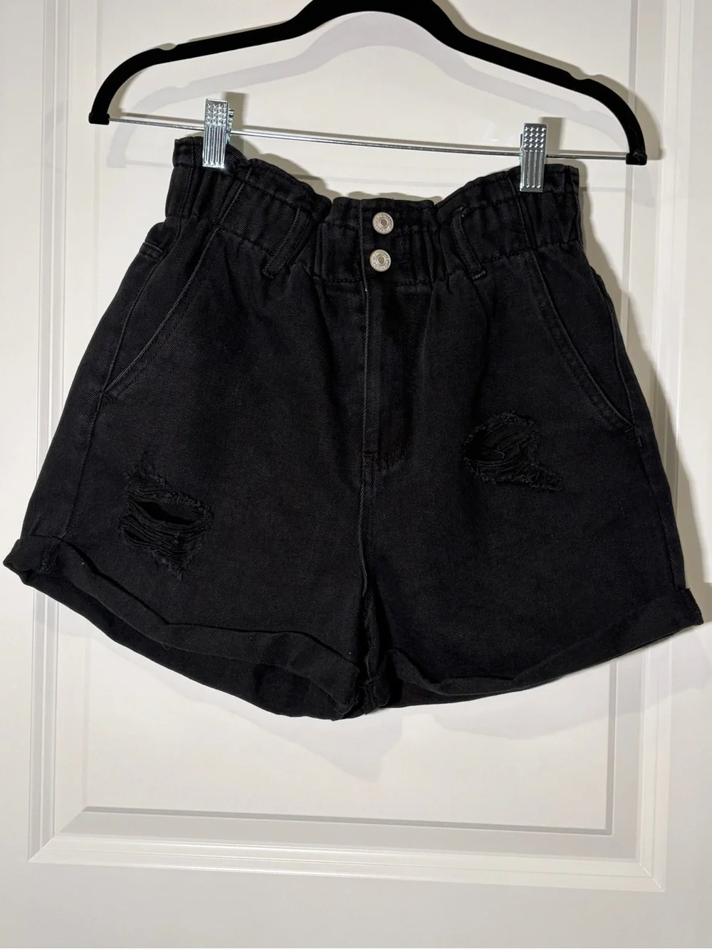Love Tree Black Distressed High Waist Paperbag Denim Shorts - Small